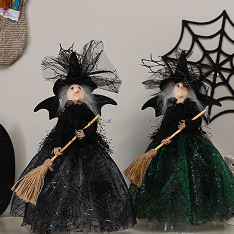 Halloween Decoration Witch Doll Dressed in Gauzy Skirt with Besom Desktop Decor Ornaments for Party Props Black - Image 4