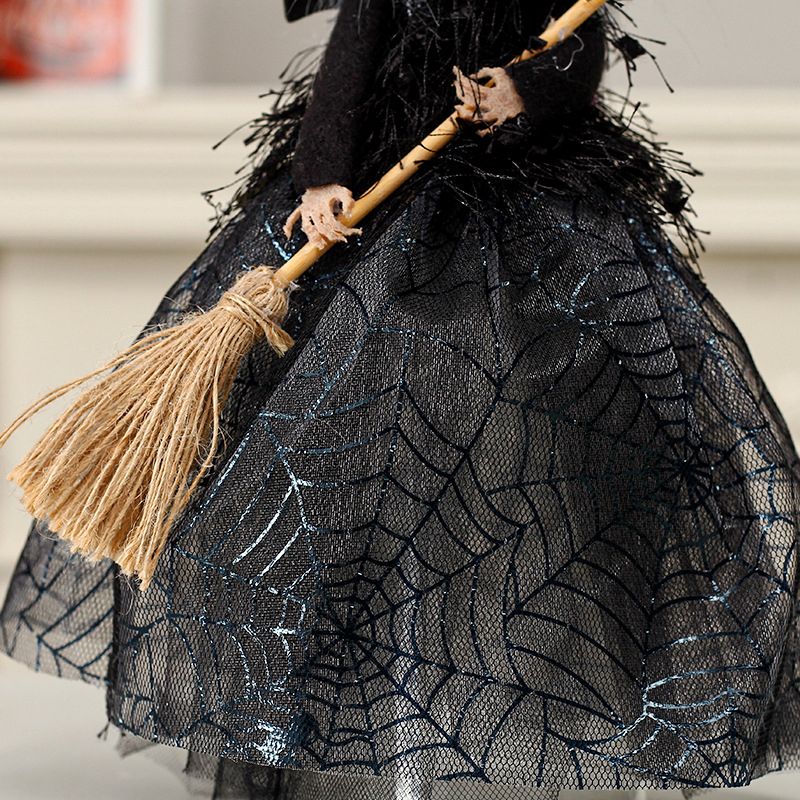 Halloween Decoration Witch Doll Dressed in Gauzy Skirt with Besom Desktop Decor Ornaments for Party Props Black - Image 5