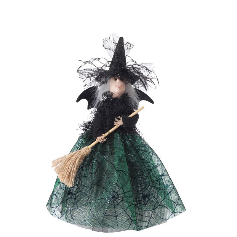 Halloween Decoration Witch Doll Dressed in Gauzy Skirt with Besom Desktop Decor Ornaments for Party Props Green - Image 1