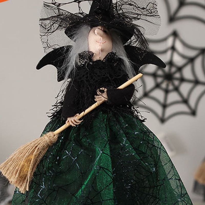 Halloween Decoration Witch Doll Dressed in Gauzy Skirt with Besom Desktop Decor Ornaments for Party Props Green - Image 2