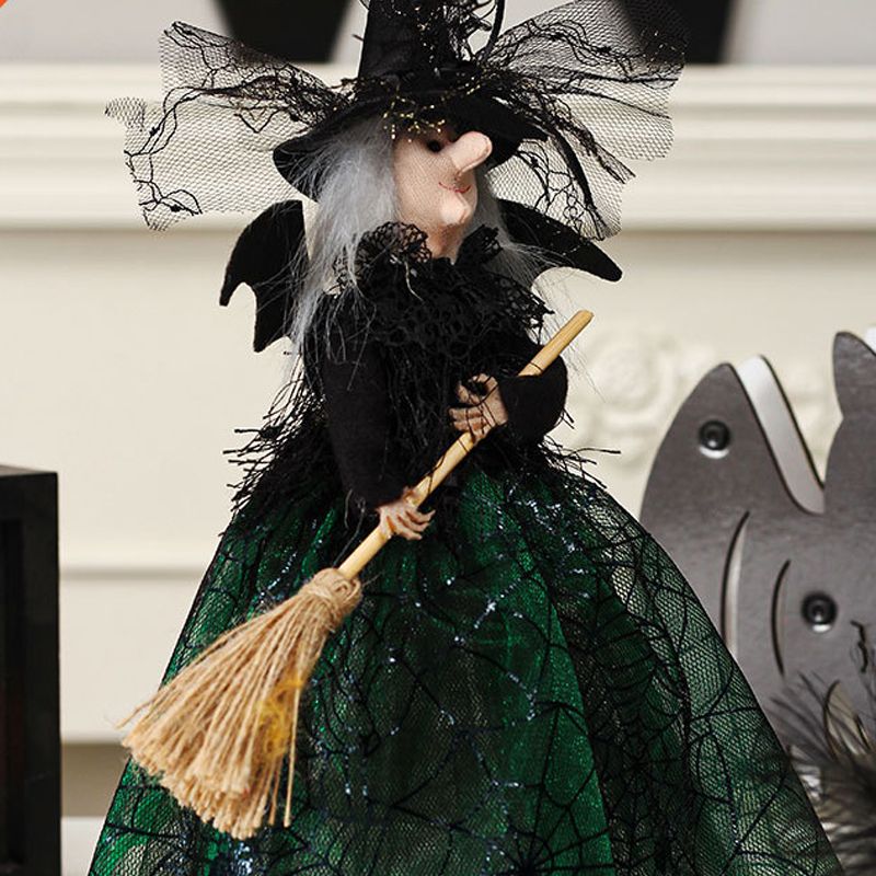 Halloween Decoration Witch Doll Dressed in Gauzy Skirt with Besom Desktop Decor Ornaments for Party Props Green - Image 3