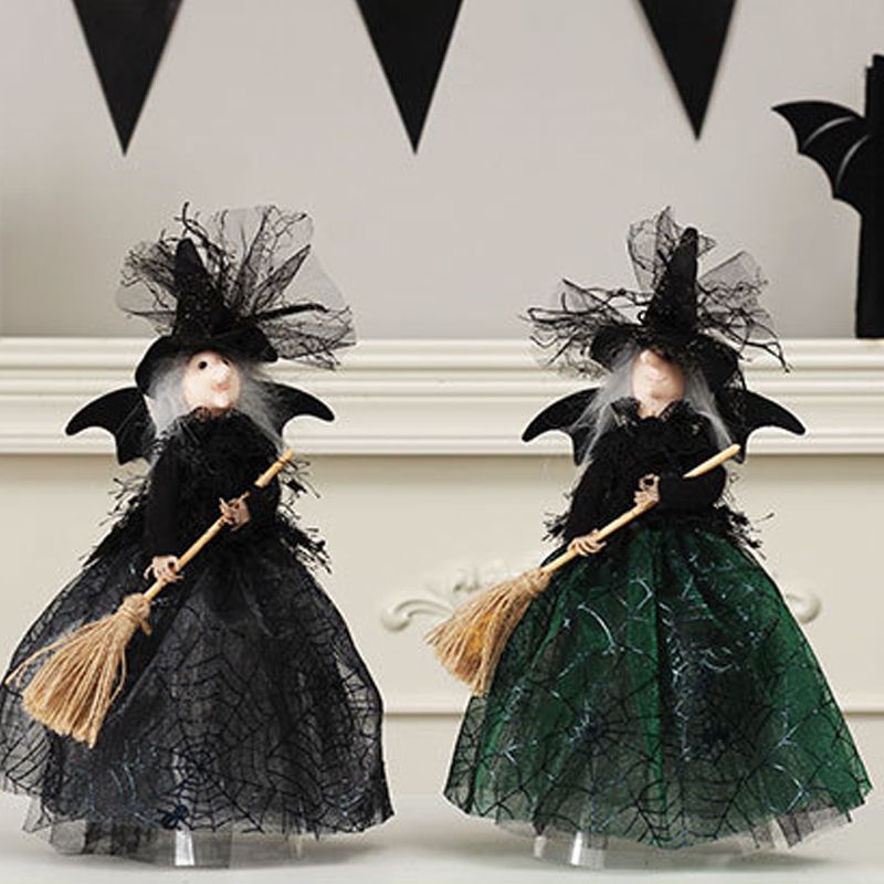 Halloween Decoration Witch Doll Dressed in Gauzy Skirt with Besom Desktop Decor Ornaments for Party Props Green - Image 4