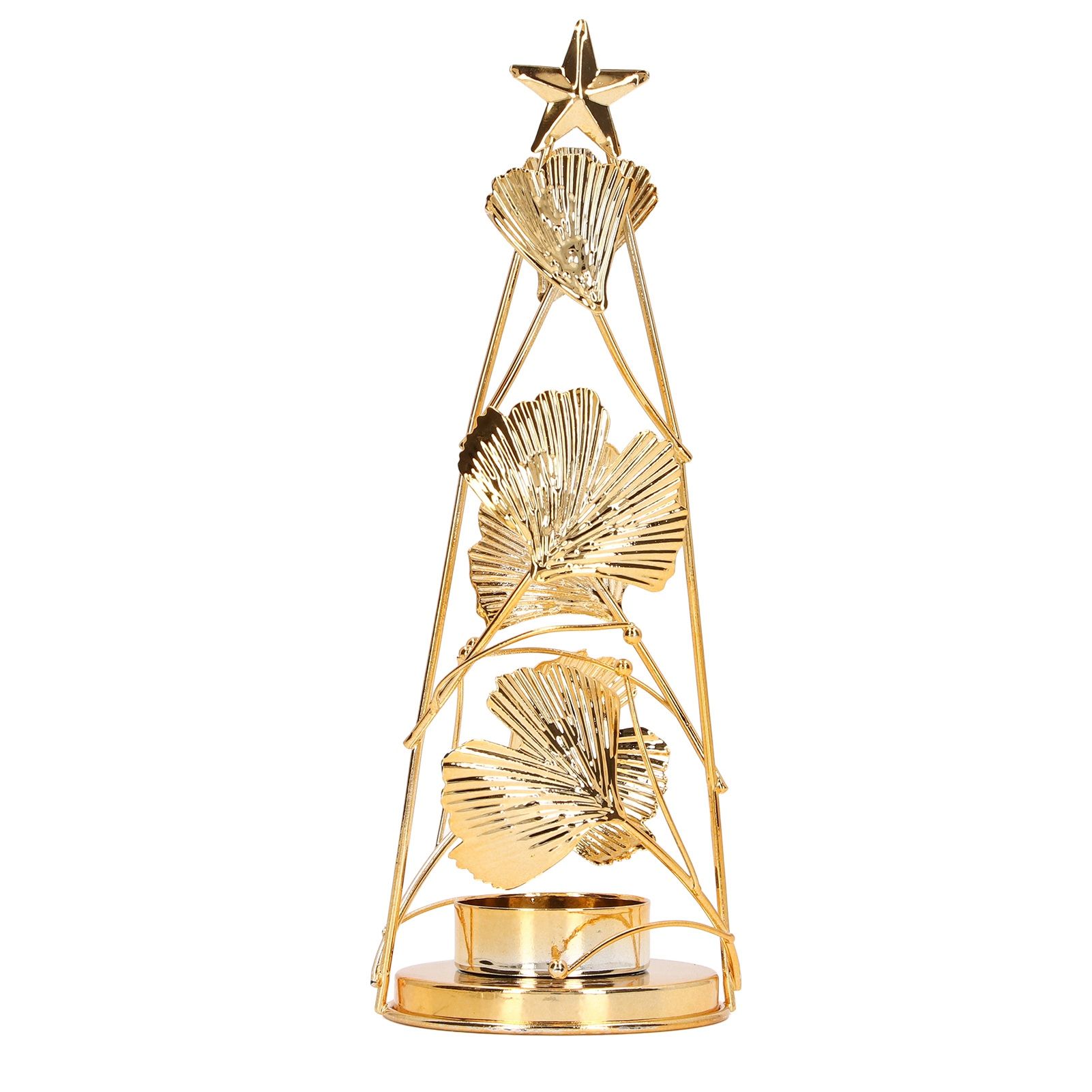 Christmas Tree Candlesticks Gold Iron Small Round Cup Xmas Light Candle Holders with Apricot Leaves for Table Decoration - Image 2