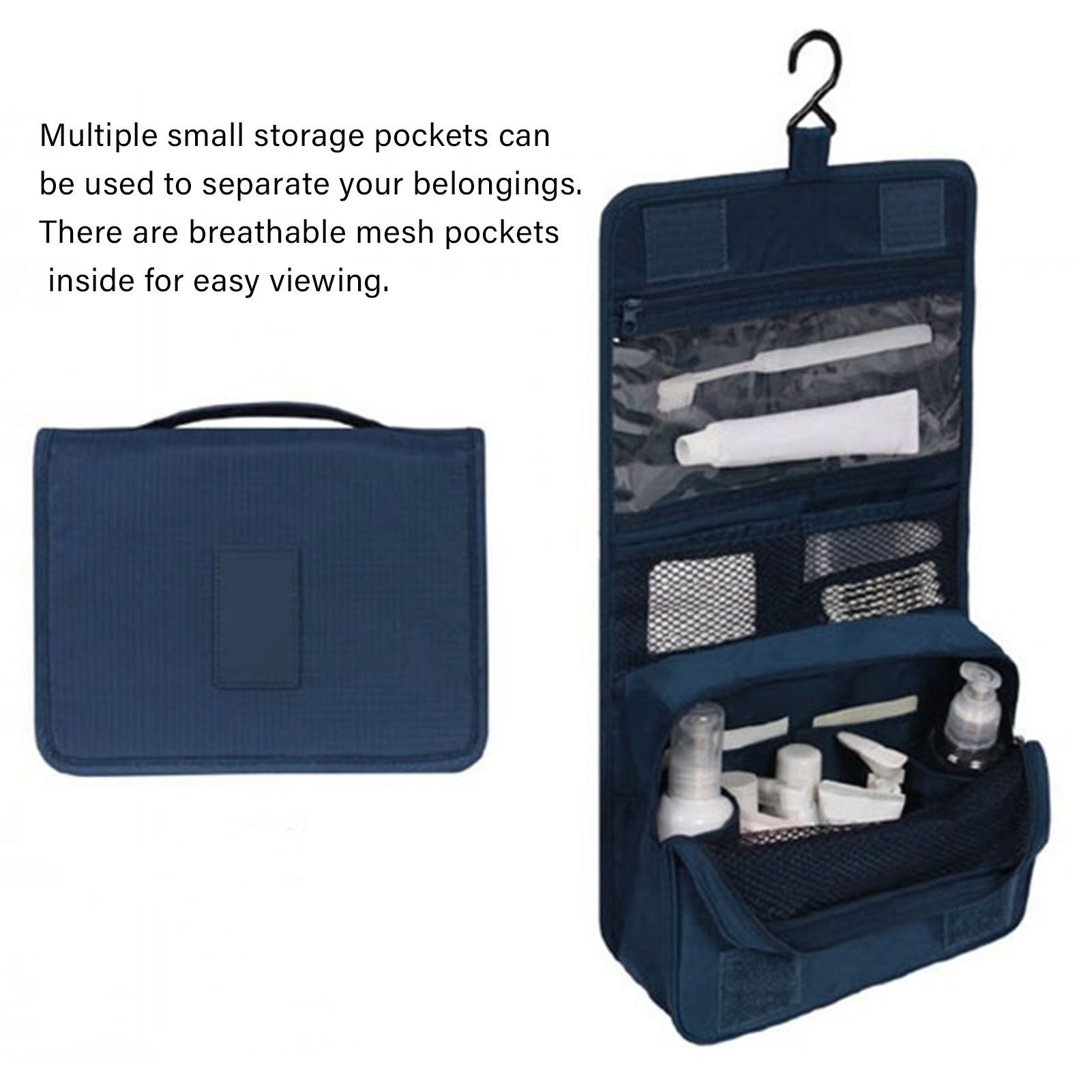 Hanging Toiletry Bag Cosmetic Bag Foldable Makeup Bag with Hook and Tote Navy Blue 24x18.5x9.5cm for Travel - Image 3