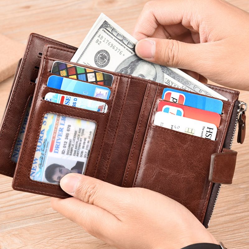 PU Leather Men Wallet Zipper No Degaussing Multi Screens Vertical Vintage Male Wallet for Travelling Working Brown - Image 4