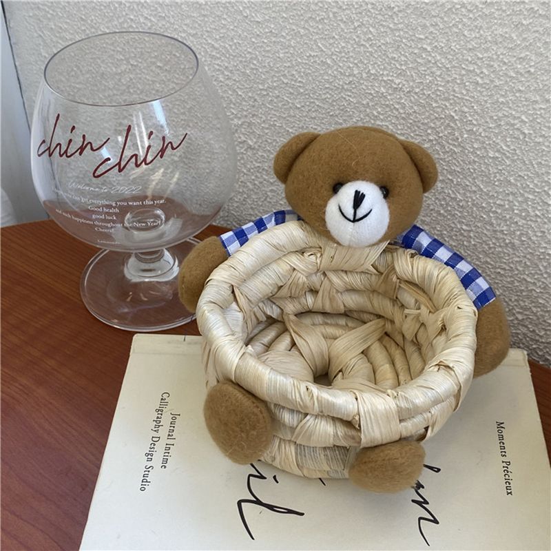 Cute Cartoon Bear Storage Basket Straw Storage Basket for Desktop Office Bedroom S - Image 1
