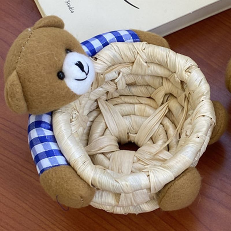 Cute Cartoon Bear Storage Basket Straw Storage Basket for Desktop Office Bedroom S - Image 2