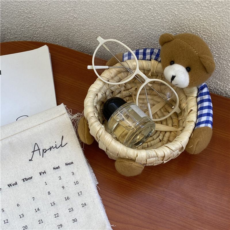 Cute Cartoon Bear Storage Basket Straw Storage Basket for Desktop Office Bedroom M - Image 1