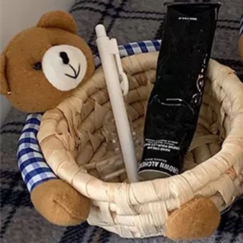 Cute Cartoon Bear Storage Basket Straw Storage Basket for Desktop Office Bedroom M - Image 2