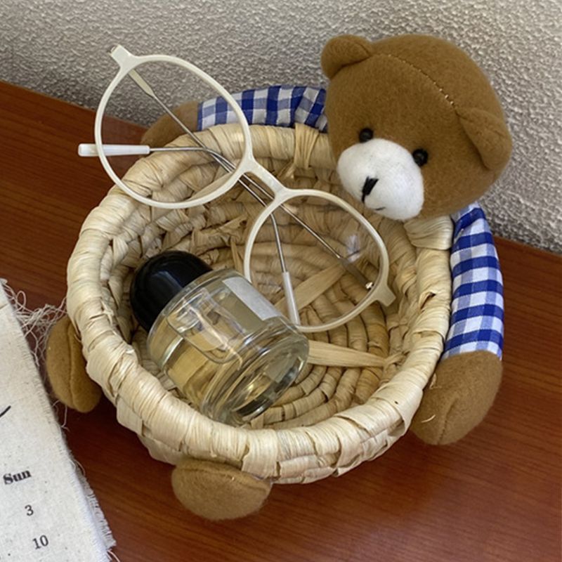 Cute Cartoon Bear Storage Basket Straw Storage Basket for Desktop Office Bedroom M - Image 7