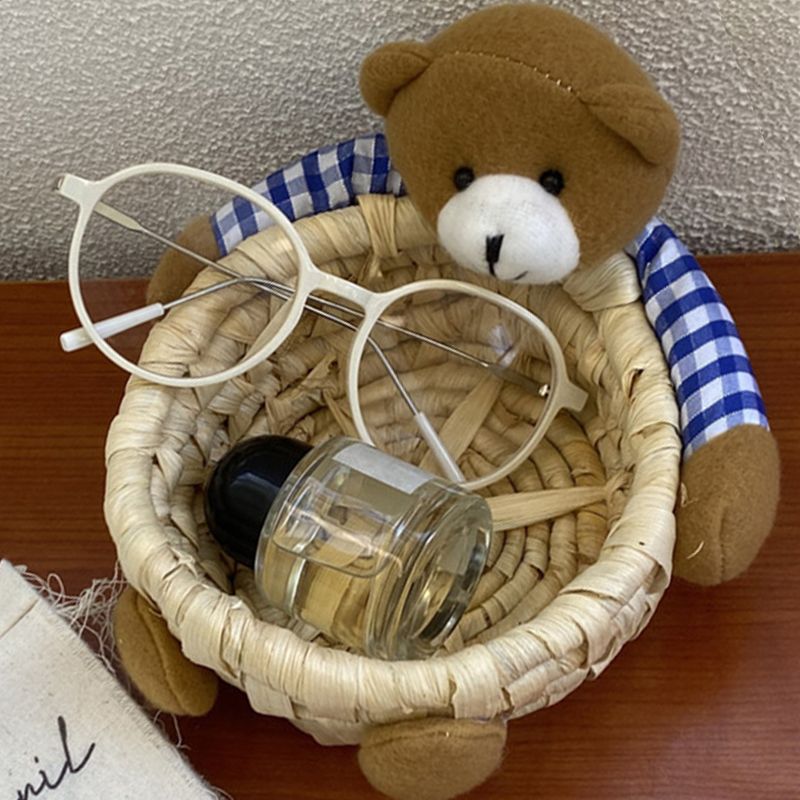 Cute Cartoon Bear Storage Basket Straw Storage Basket for Desktop Office Bedroom M - Image 8