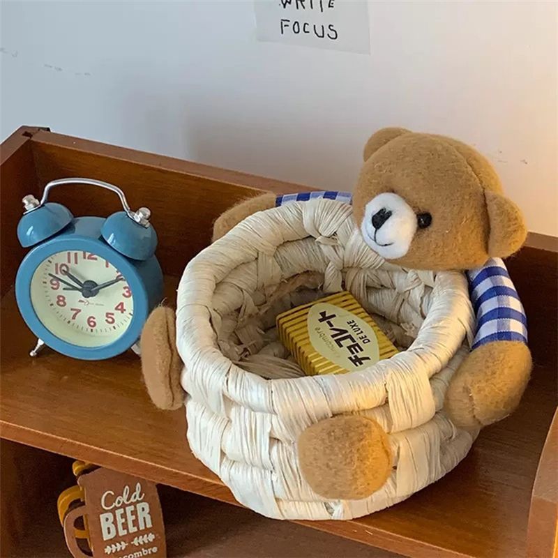 Cute Cartoon Bear Storage Basket Straw Storage Basket for Desktop Office Bedroom L - Image 1