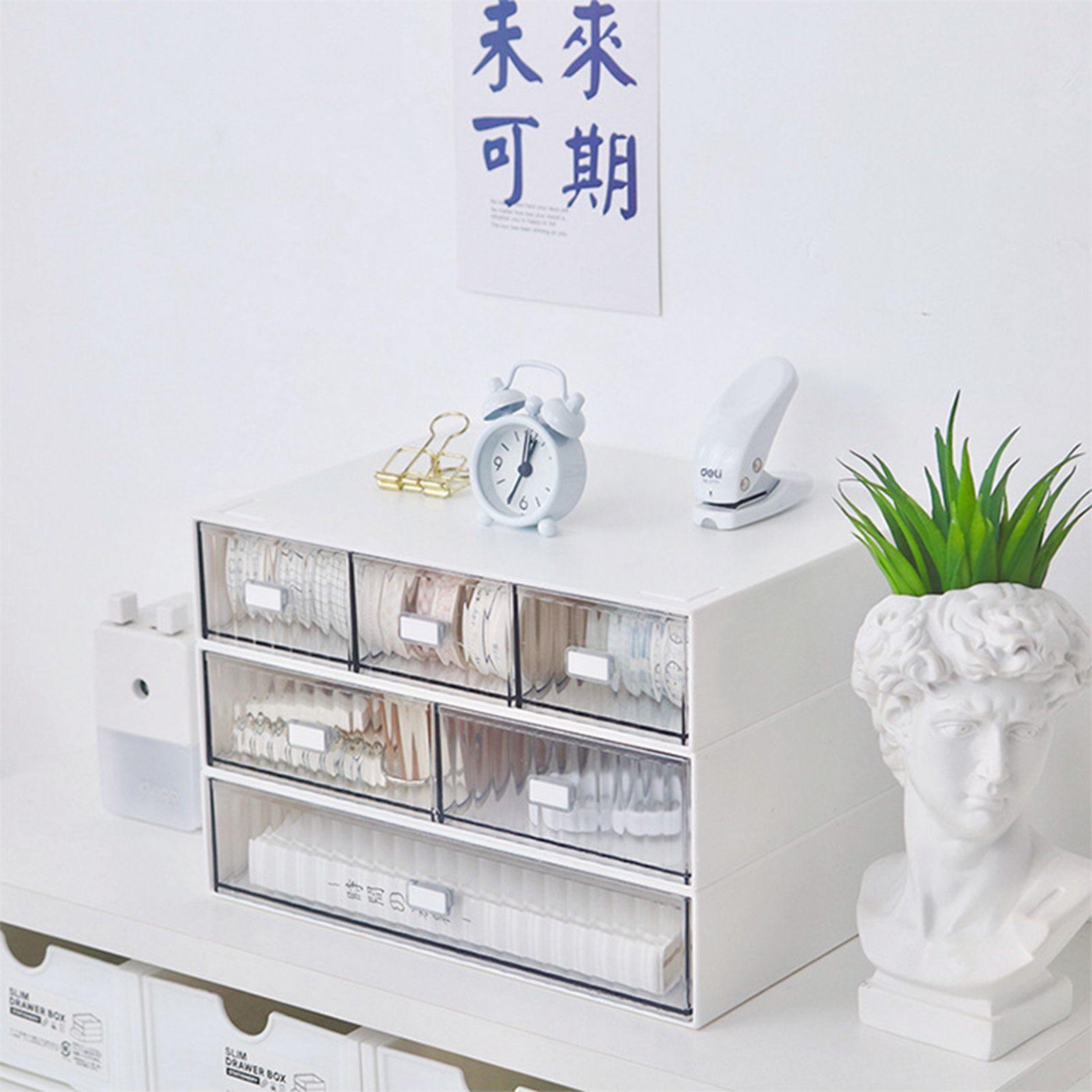 Desktop Drawer Organizer Waterproof Dustproof Plastic DIY Combination Multi Layer Stackable Drawer Storage Case Striped White 2 Drawers - Image 2