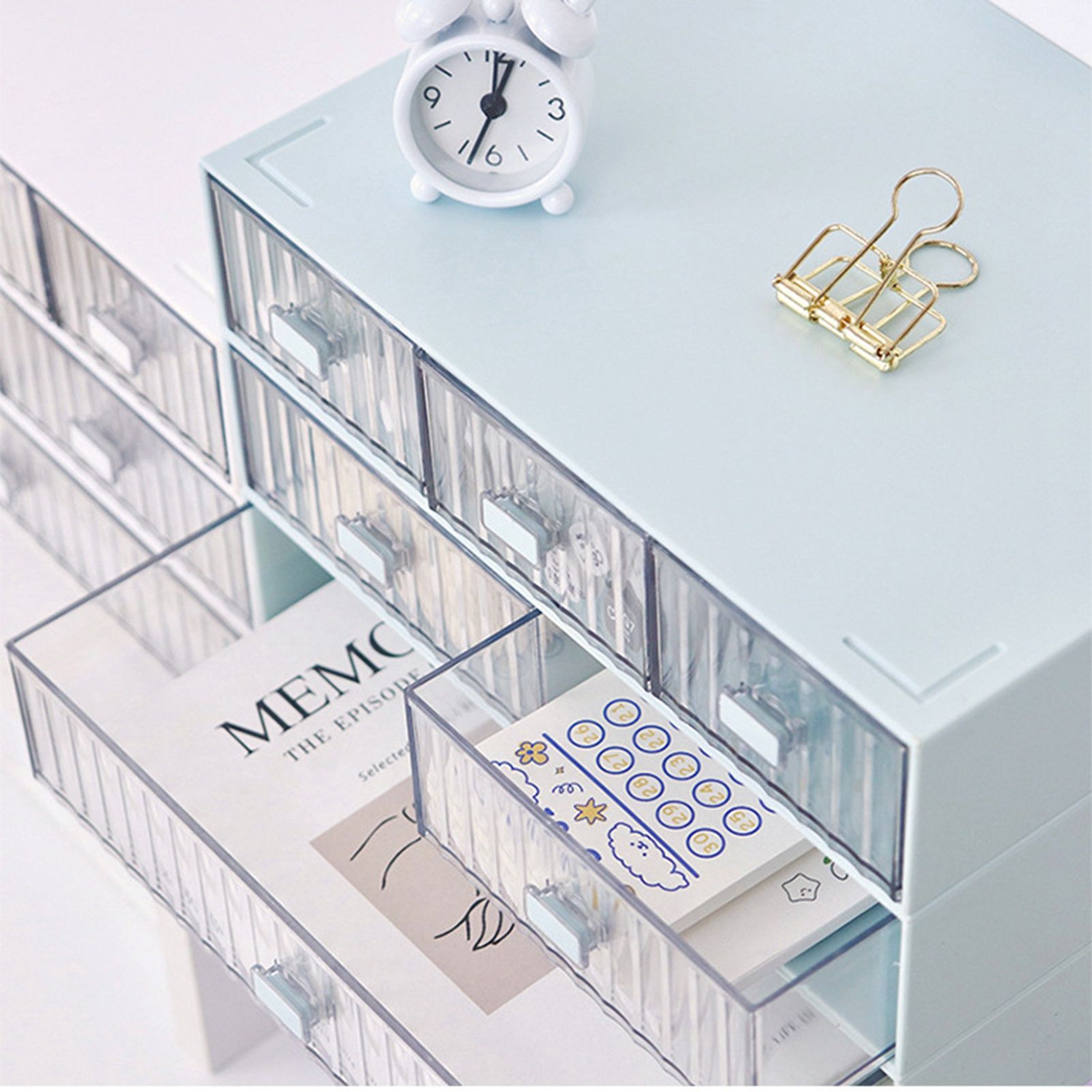Desktop Drawer Organizer Waterproof Dustproof Plastic DIY Combination Multi Layer Stackable Drawer Storage Case Striped Blue 3 Drawers - Image 3
