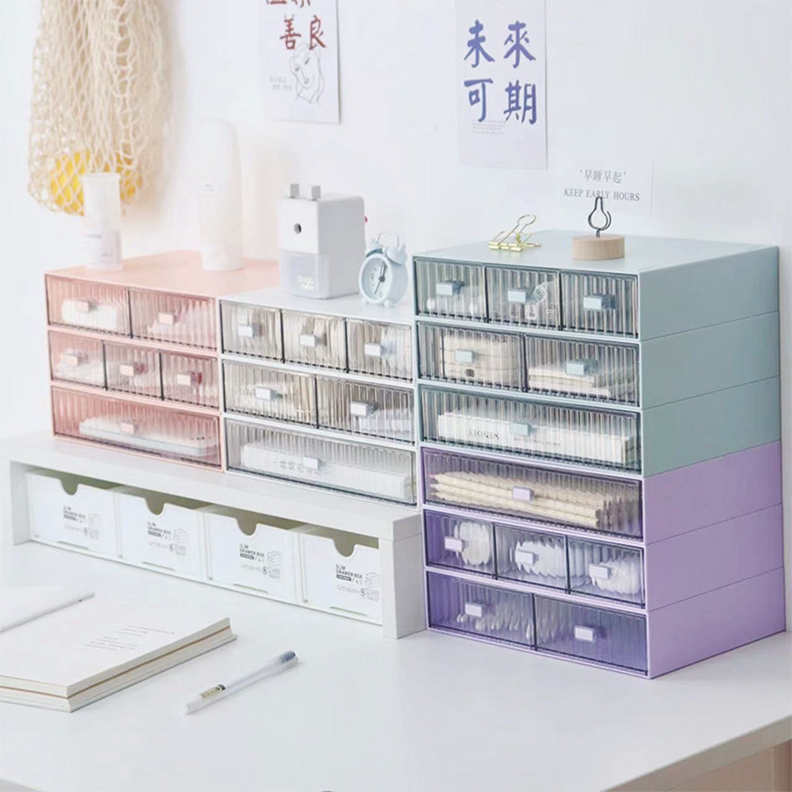 Desktop Drawer Organizer Waterproof Dustproof Plastic DIY Combination Multi Layer Stackable Drawer Storage Case Striped Pink 2 Drawers - Image 3