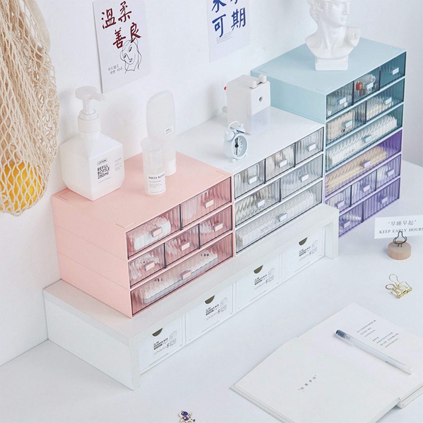 Desktop Drawer Organizer Waterproof Dustproof Plastic DIY Combination Multi Layer Stackable Drawer Storage Case Striped Pink 2 Drawers - Image 5