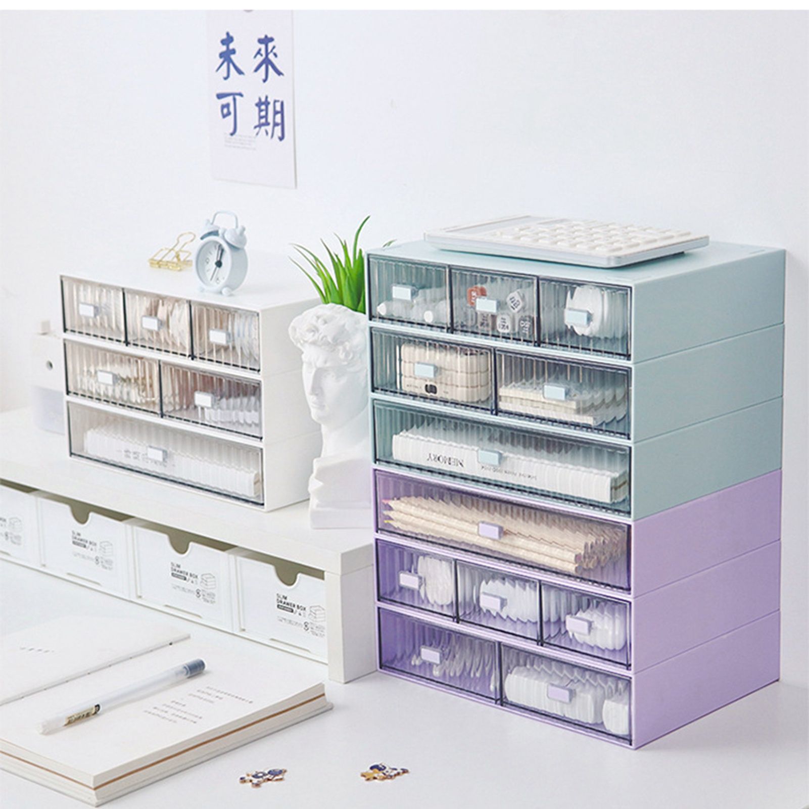 Desktop Drawer Organizer Waterproof Dustproof Plastic DIY Combination Multi Layer Stackable Drawer Storage Case Striped Pink 3 Drawers - Image 2