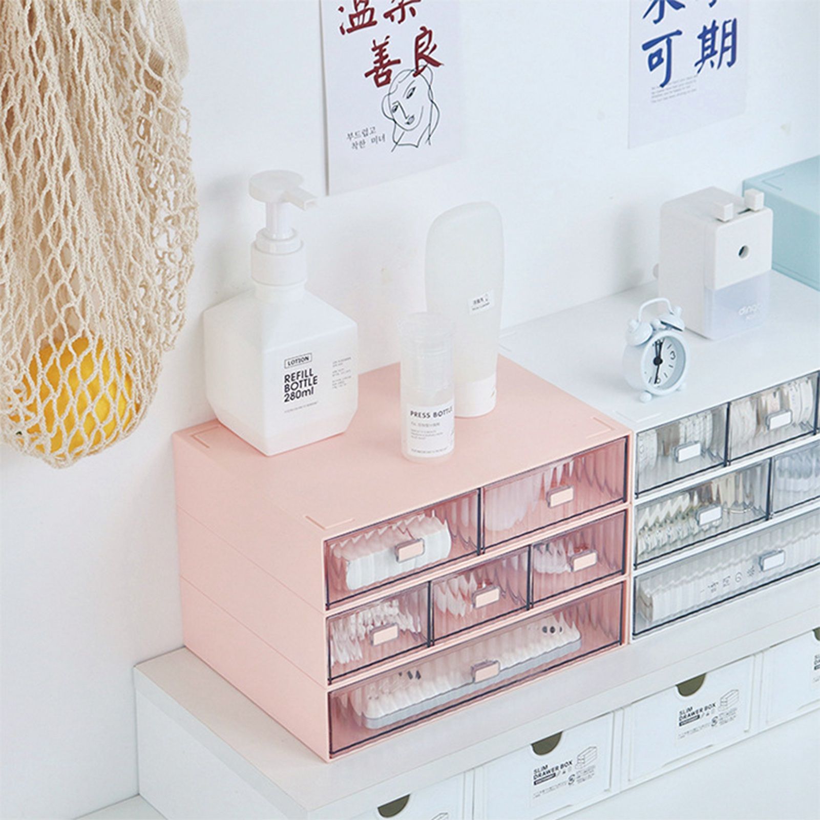 Desktop Drawer Organizer Waterproof Dustproof Plastic DIY Combination Multi Layer Stackable Drawer Storage Case Striped Pink 3 Drawers - Image 3
