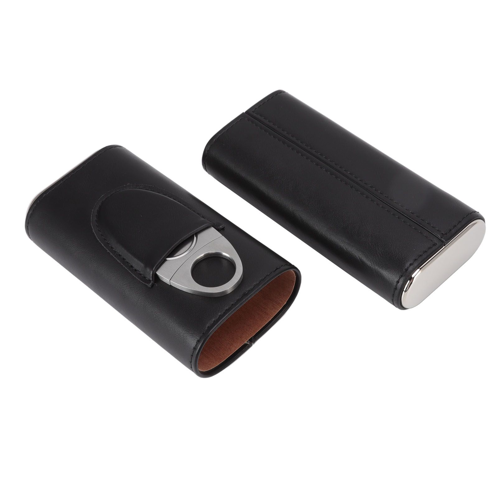 3 Finger Cigar Case Iron Cover Portable Soft Glossy Leather Cigar Holder Case with Cutter for Travel Black - Image 2