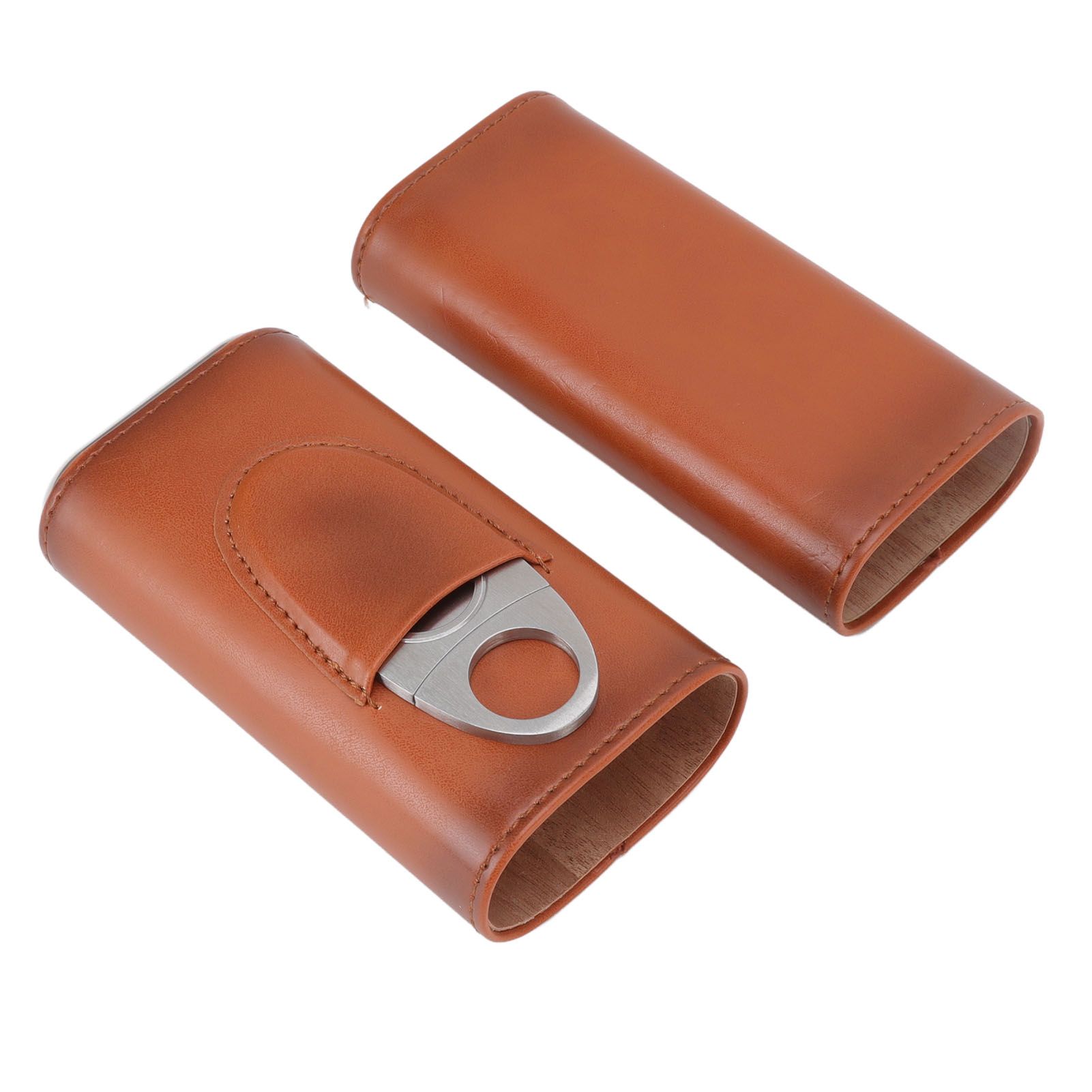 3 Finger Cigar Case Iron Cover Portable Soft Glossy Leather Cigar Holder Case with Cutter for Travel Brown - Image 1