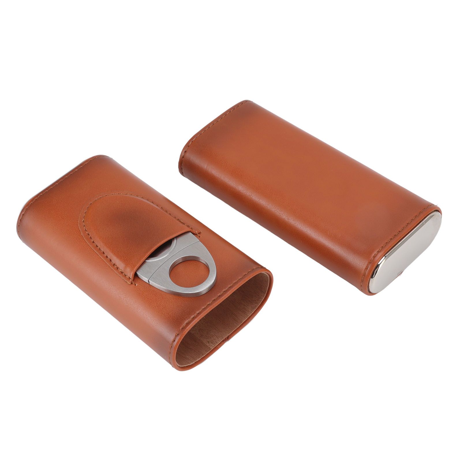 3 Finger Cigar Case Iron Cover Portable Soft Glossy Leather Cigar Holder Case with Cutter for Travel Brown - Image 2