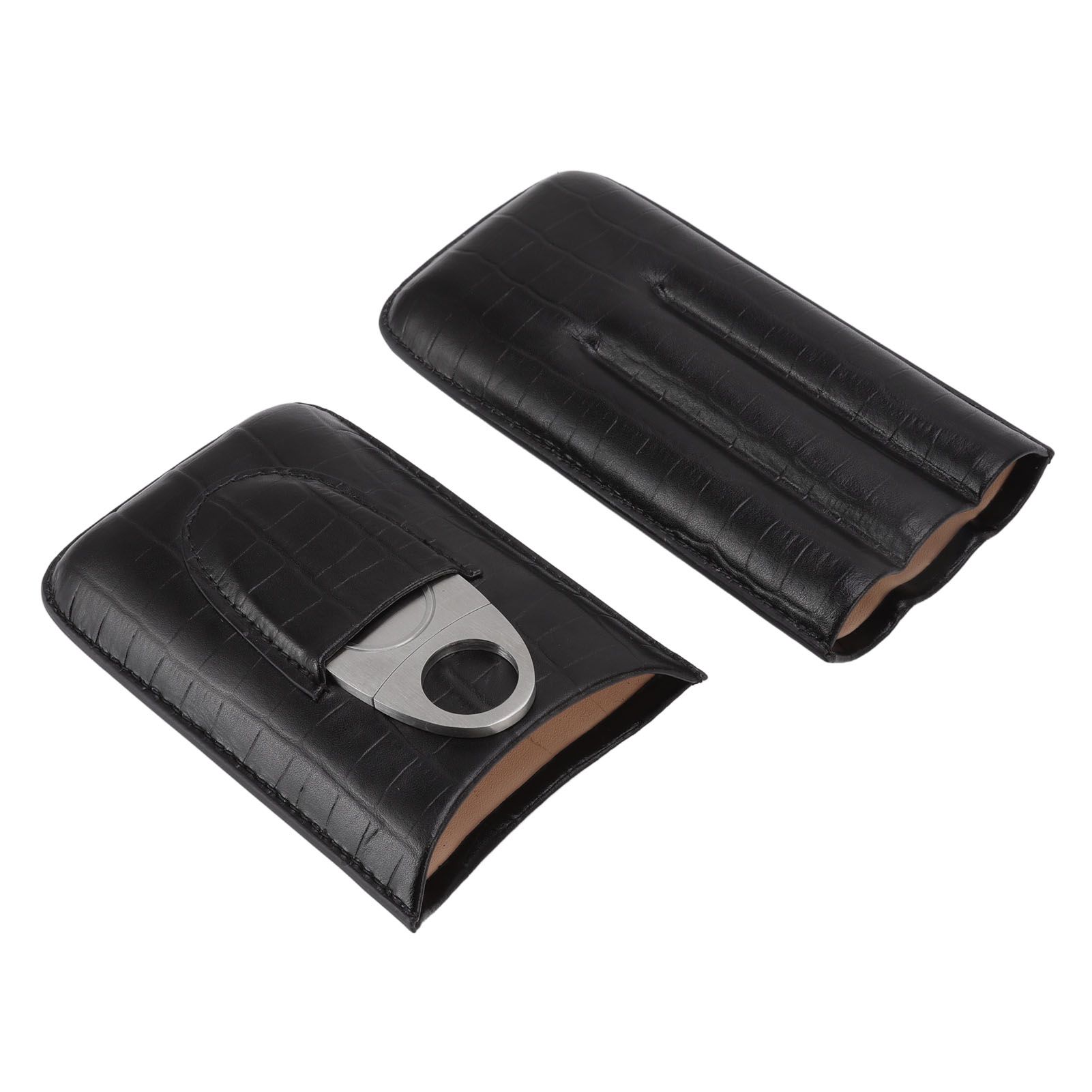 Cigar Leather Case Travel Portable 3pcs Cigar Holder Cigar Humidor with Cutter Set Black with Bamboo Joint Pattern - Image 1