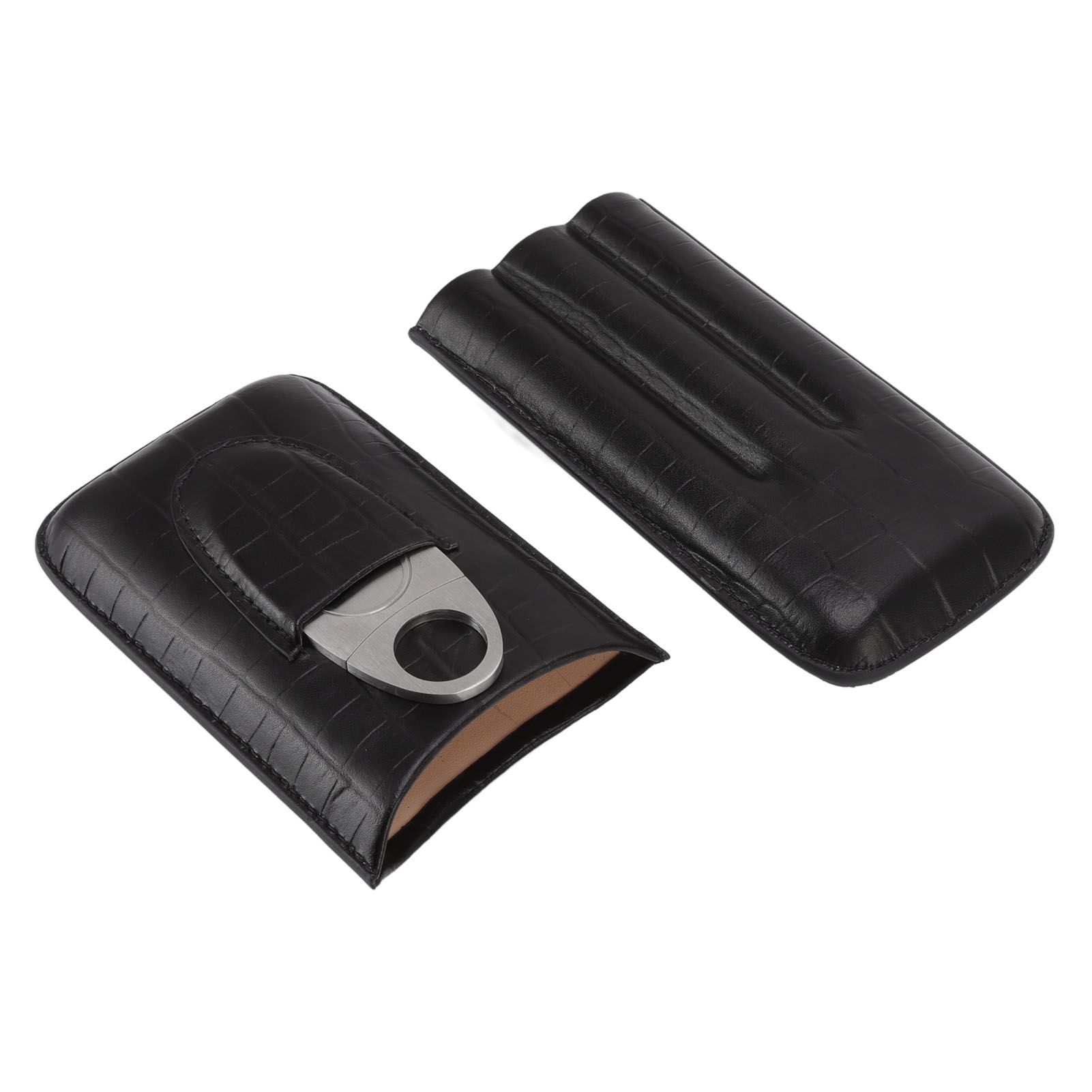 Cigar Leather Case Travel Portable 3pcs Cigar Holder Cigar Humidor with Cutter Set Black with Bamboo Joint Pattern - Image 2
