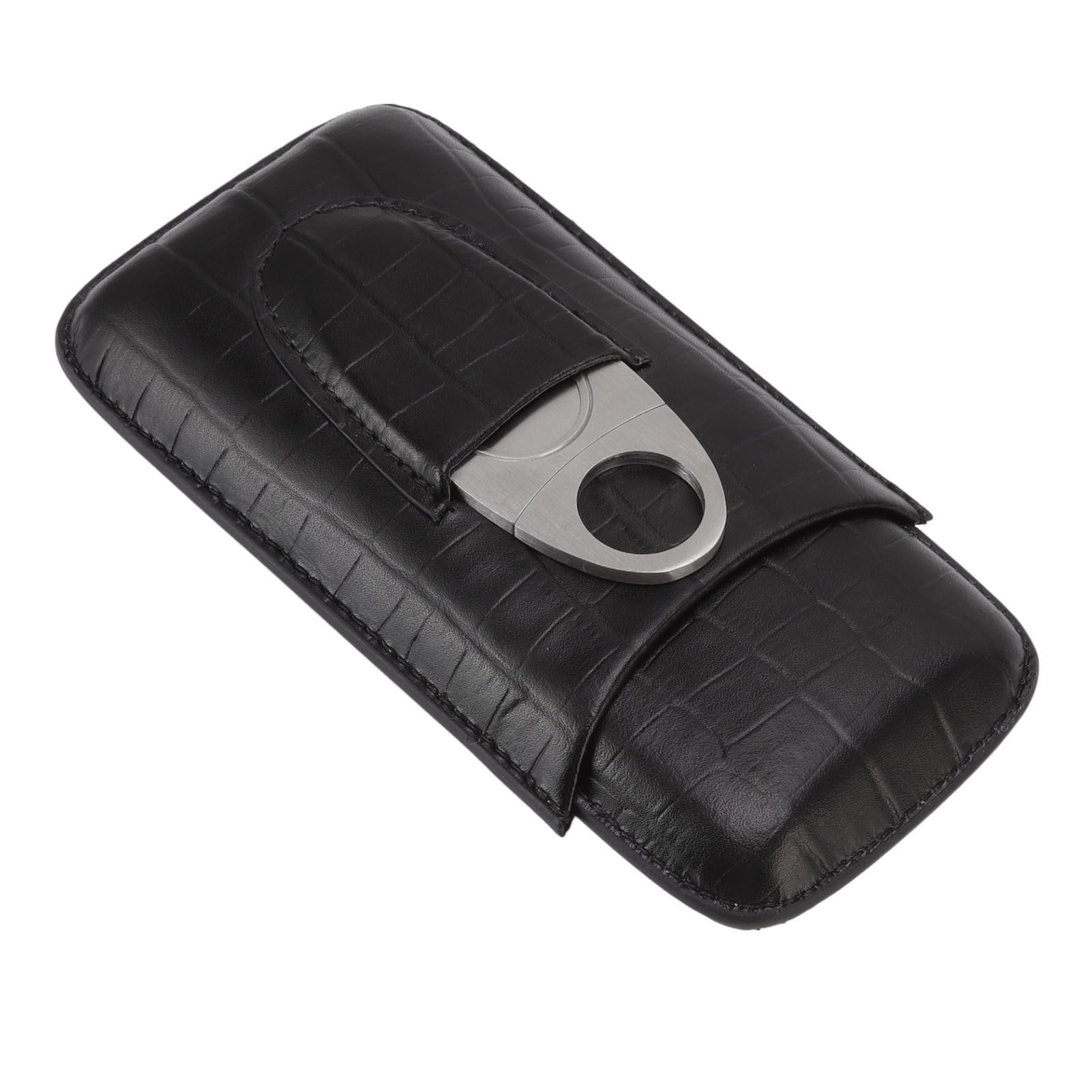 Cigar Leather Case Travel Portable 3pcs Cigar Holder Cigar Humidor with Cutter Set Black with Bamboo Joint Pattern - Image 3