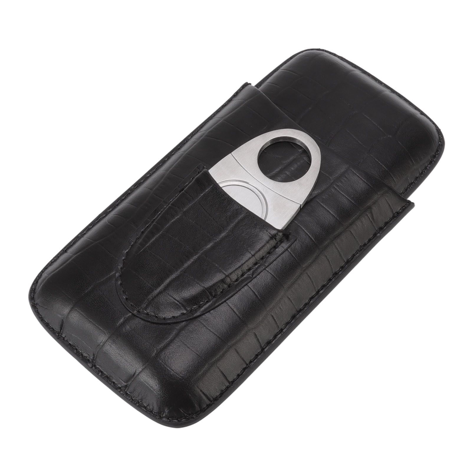 Cigar Leather Case Travel Portable 3pcs Cigar Holder Cigar Humidor with Cutter Set Black with Bamboo Joint Pattern - Image 4