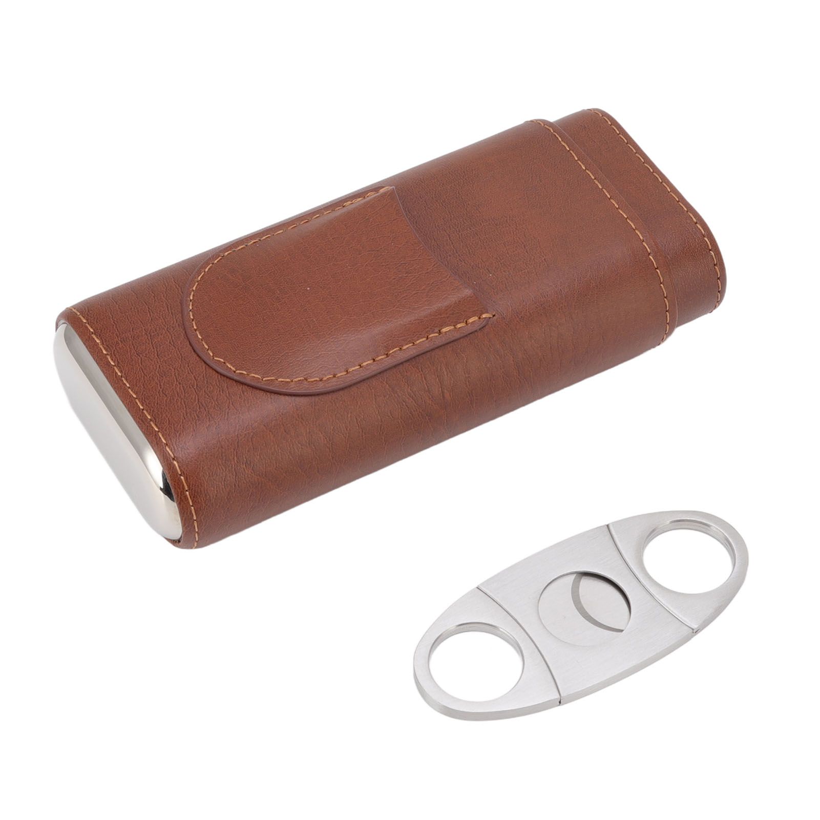 3 Finger Cigar Case Leather Cedarwood Lining Travel Portable Cigar Holder with Scissor Brown - Image 1