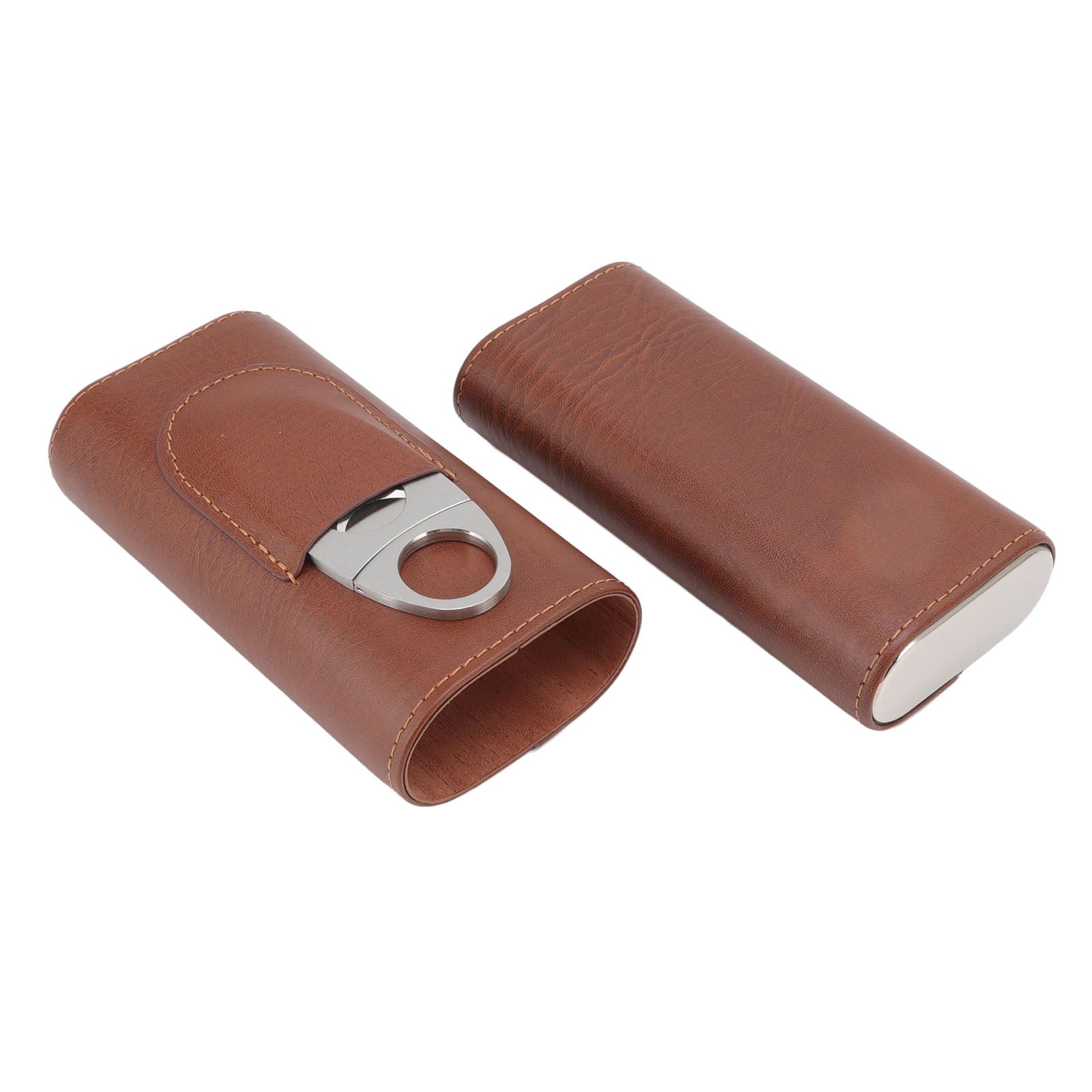 3 Finger Cigar Case Leather Cedarwood Lining Travel Portable Cigar Holder with Scissor Brown - Image 2