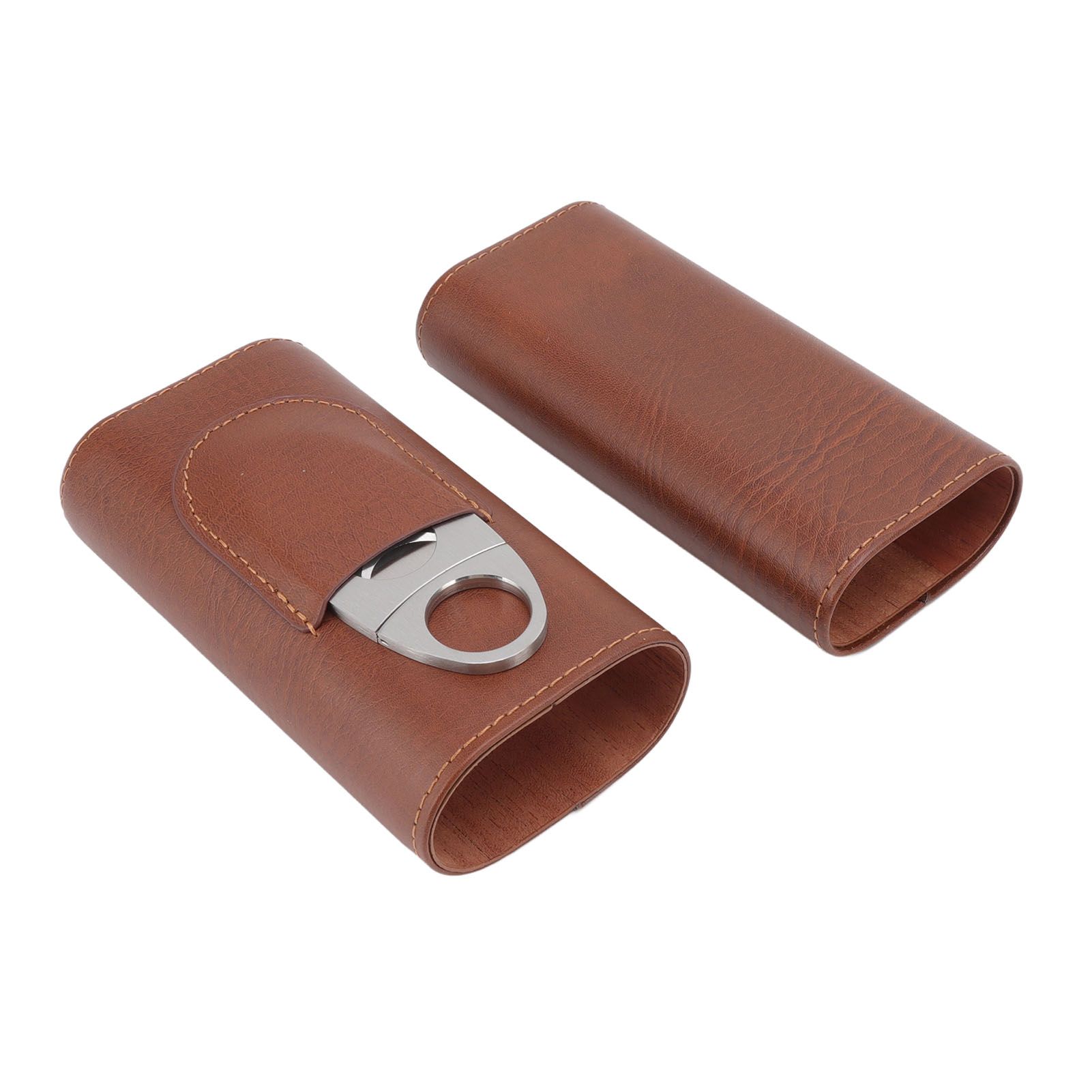 3 Finger Cigar Case Leather Cedarwood Lining Travel Portable Cigar Holder with Scissor Brown - Image 3