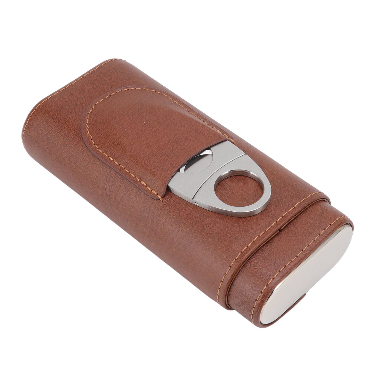 3 Finger Cigar Case Leather Cedarwood Lining Travel Portable Cigar Holder with Scissor Brown - Image 5