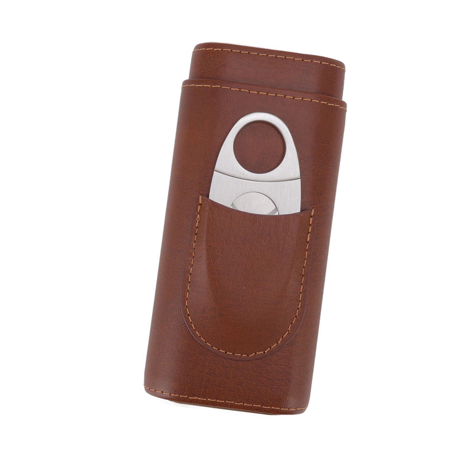 3 Finger Cigar Case Leather Cedarwood Lining Travel Portable Cigar Holder with Scissor Brown - Image 8