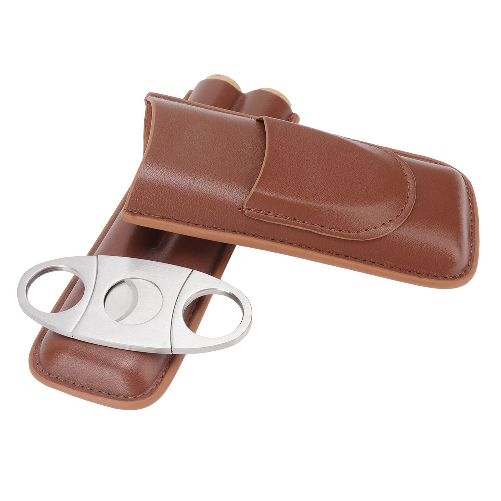 Travel Cigar Case Leather Portable with Cigar Clipper Cigar Holder for 2 Cigars Business Office - Image 4