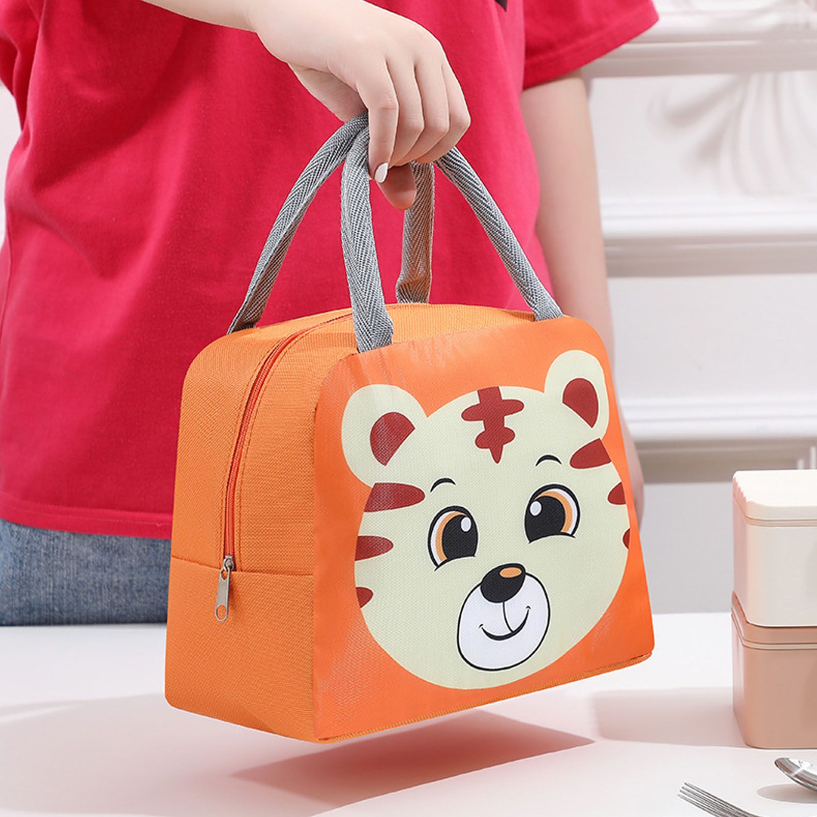 Lunch Bag Cute Cartoon Animal Pattern Waterproof Large Capacity Portable Thermal Insulation Lunch Box Bag for Women Men Tiger - Image 6