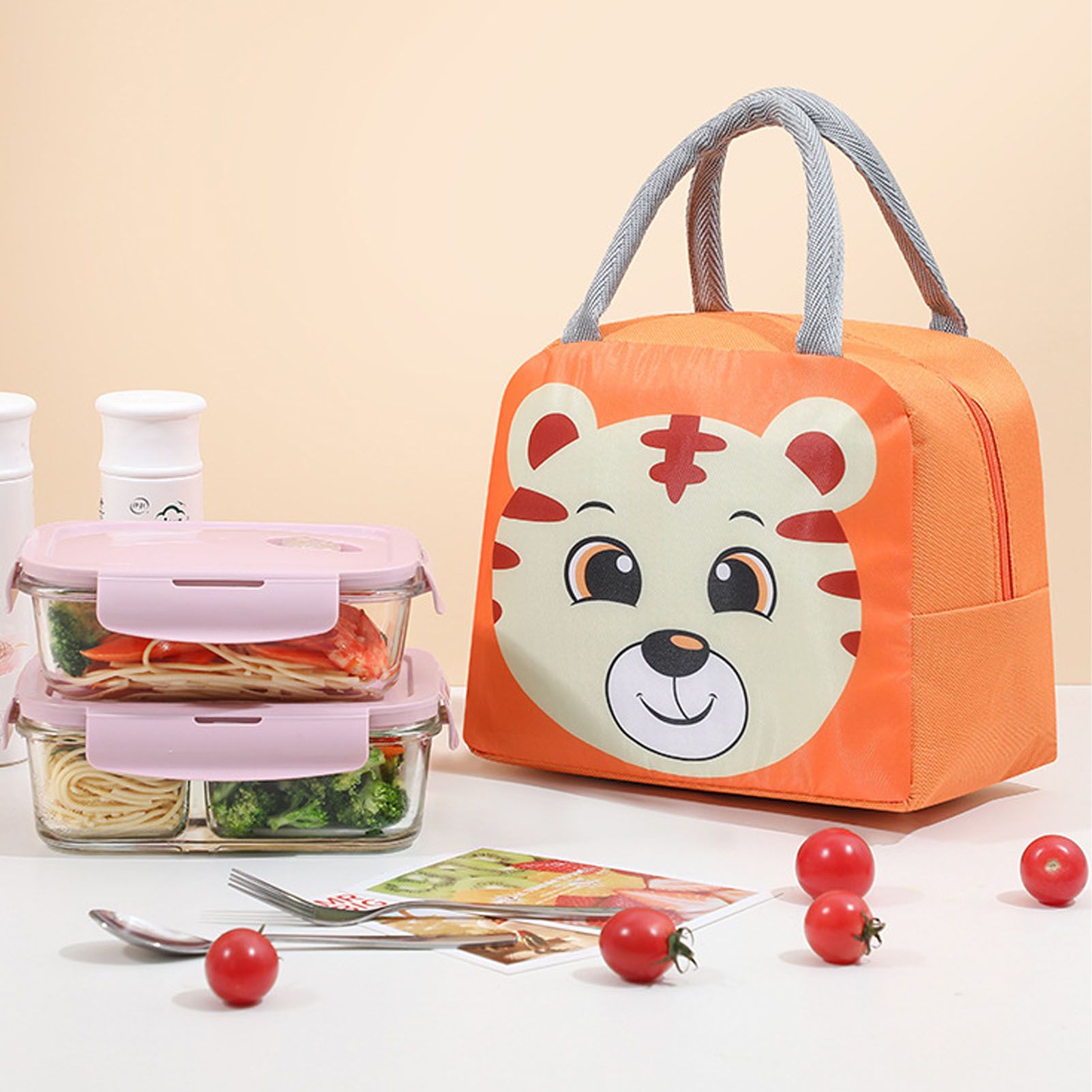 Lunch Bag Cute Cartoon Animal Pattern Waterproof Large Capacity Portable Thermal Insulation Lunch Box Bag for Women Men Tiger - Image 8