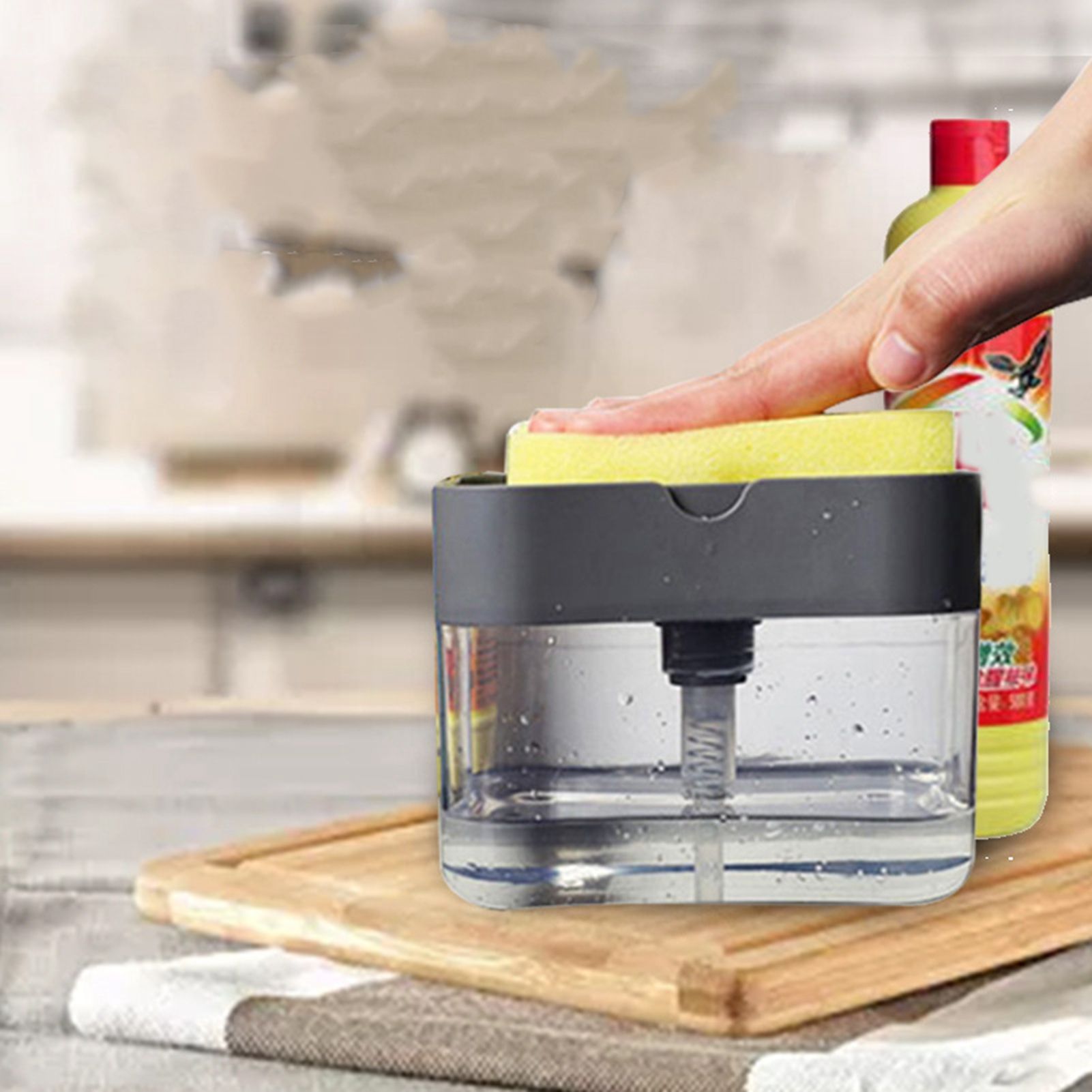 Dish Soap Dispenser Press Design Automatically Liquid Dispenser Box Sponge Holder Soap Dispenser for Home Kitchen Grey - Image 2