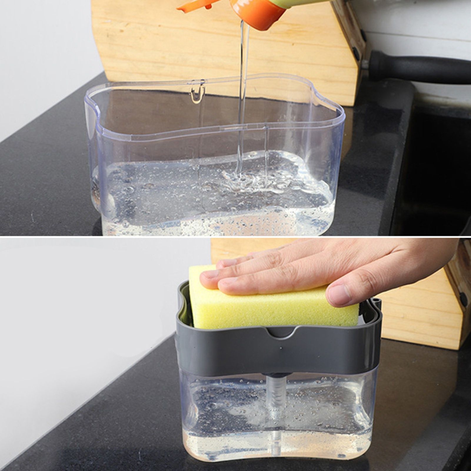 Dish Soap Dispenser Press Design Automatically Liquid Dispenser Box Sponge Holder Soap Dispenser for Home Kitchen Grey - Image 3