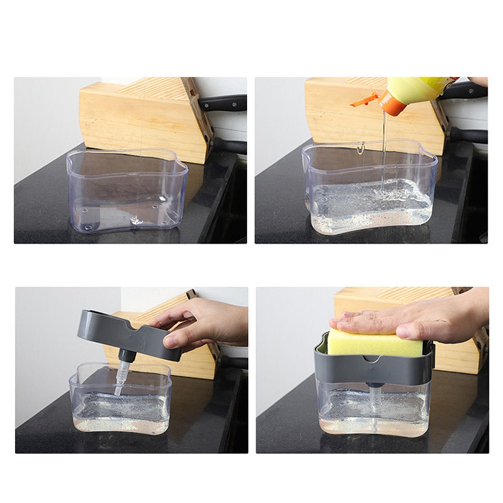 Dish Soap Dispenser Press Design Automatically Liquid Dispenser Box Sponge Holder Soap Dispenser for Home Kitchen Grey - Image 4