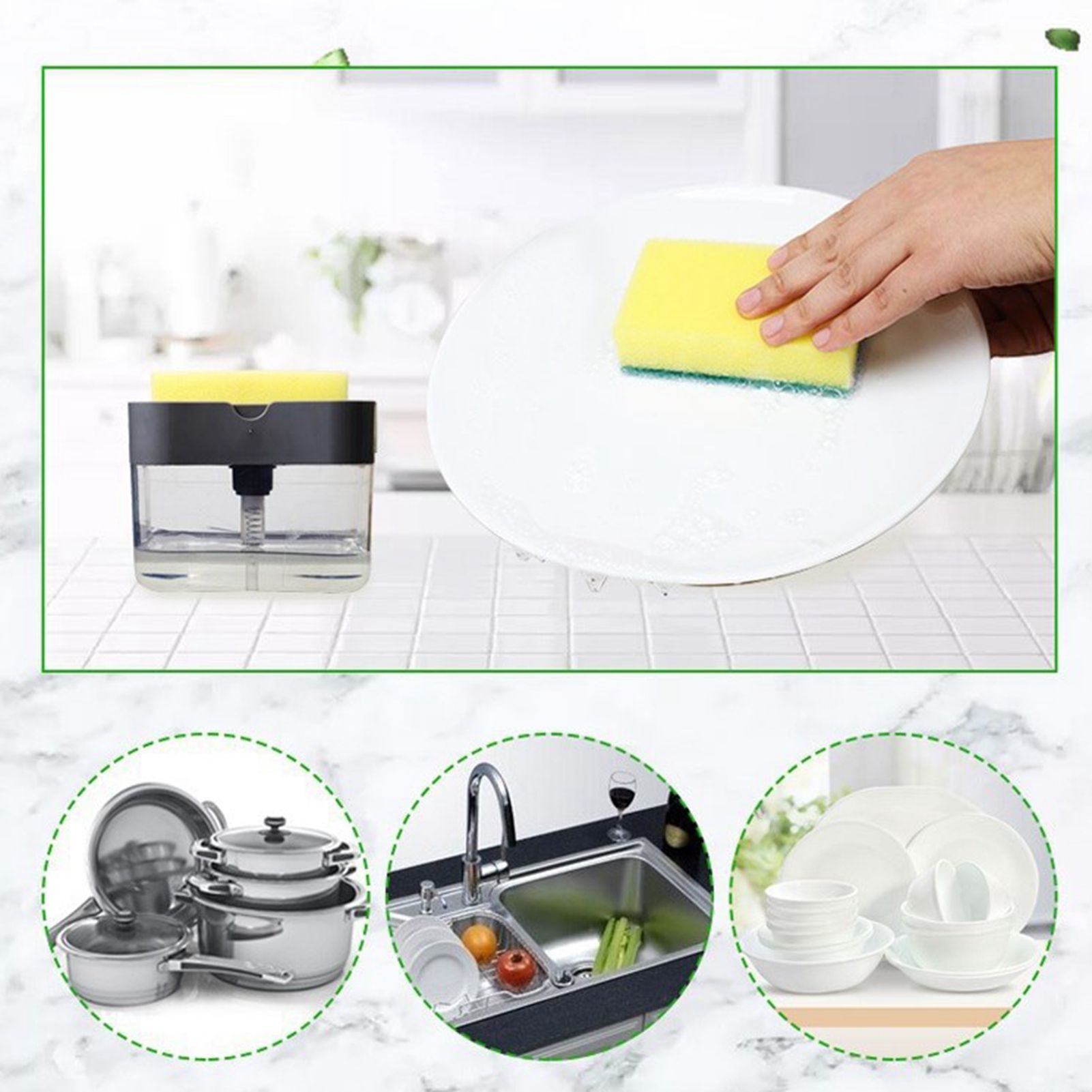 Dish Soap Dispenser Press Design Automatically Liquid Dispenser Box Sponge Holder Soap Dispenser for Home Kitchen Grey - Image 6