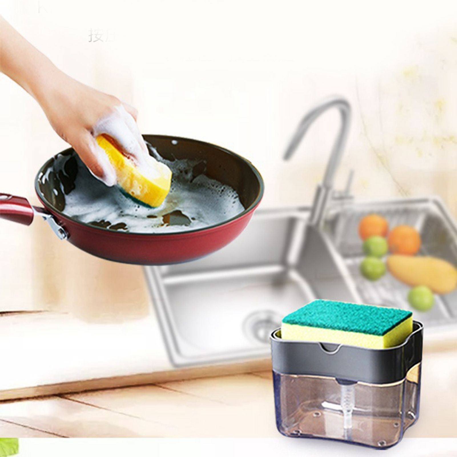 Dish Soap Dispenser Press Design Automatically Liquid Dispenser Box Sponge Holder Soap Dispenser for Home Kitchen Grey - Image 8
