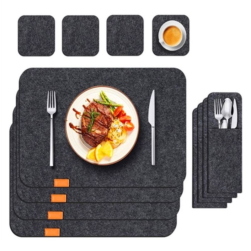 Placemat Cup Mat Set Felt Heat Insulation with Fork Bag Tableware Mat for Home Kitchen Dark Gray - Image 1