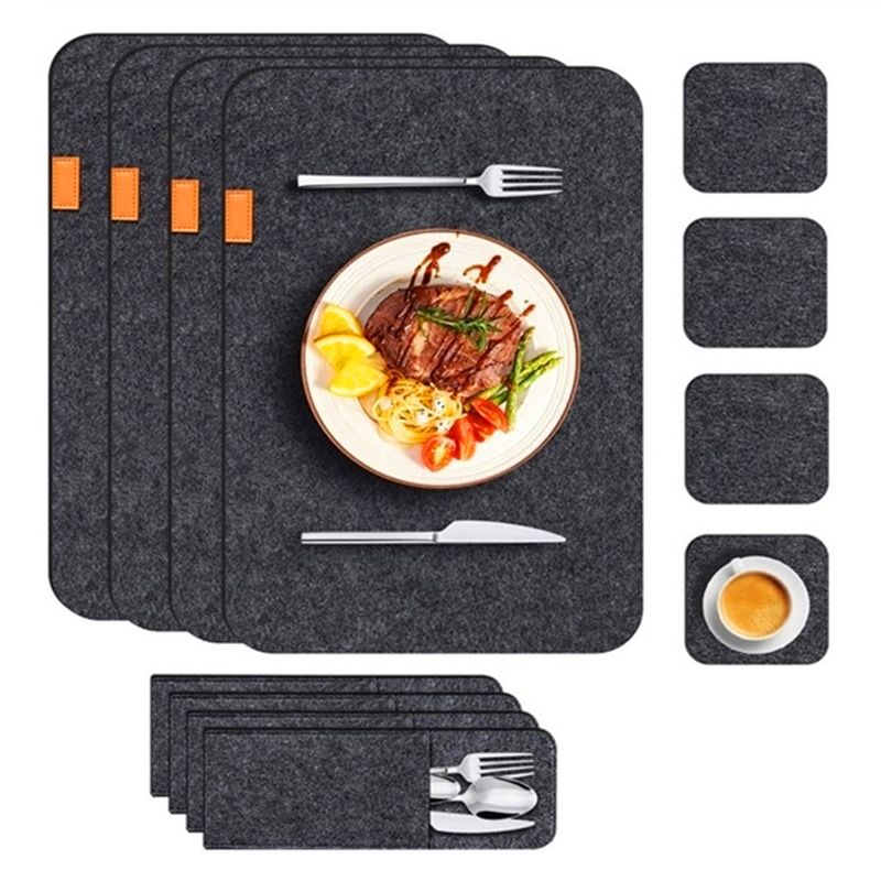 Placemat Cup Mat Set Felt Heat Insulation with Fork Bag Tableware Mat for Home Kitchen Dark Gray - Image 2