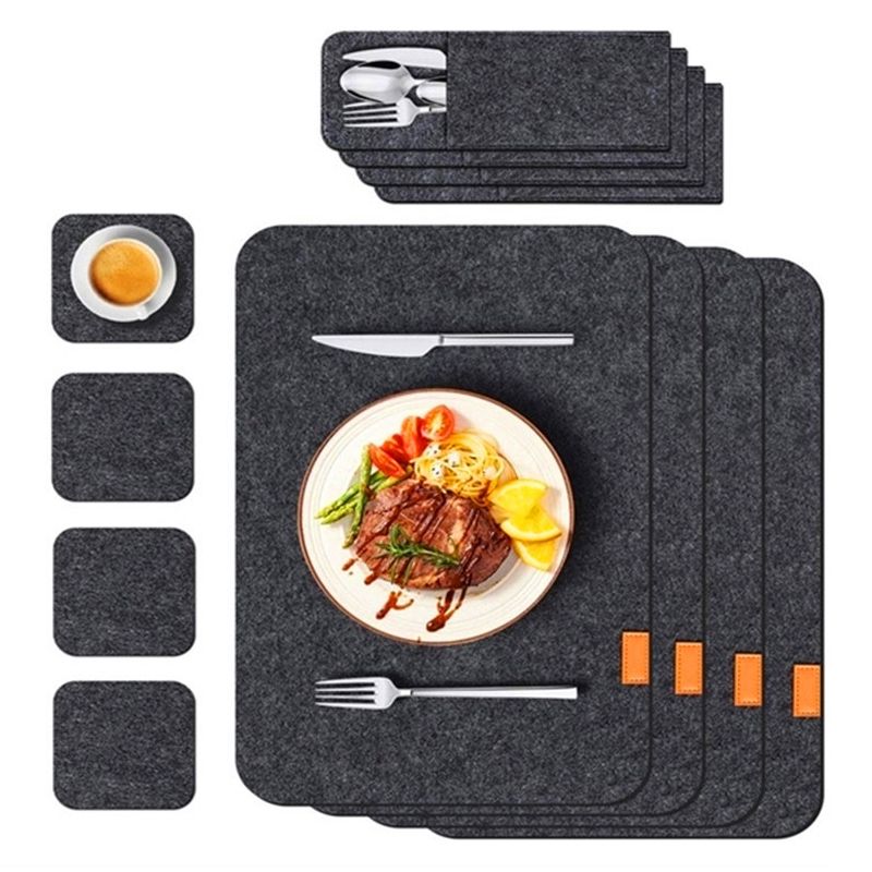 Placemat Cup Mat Set Felt Heat Insulation with Fork Bag Tableware Mat for Home Kitchen Dark Gray - Image 3