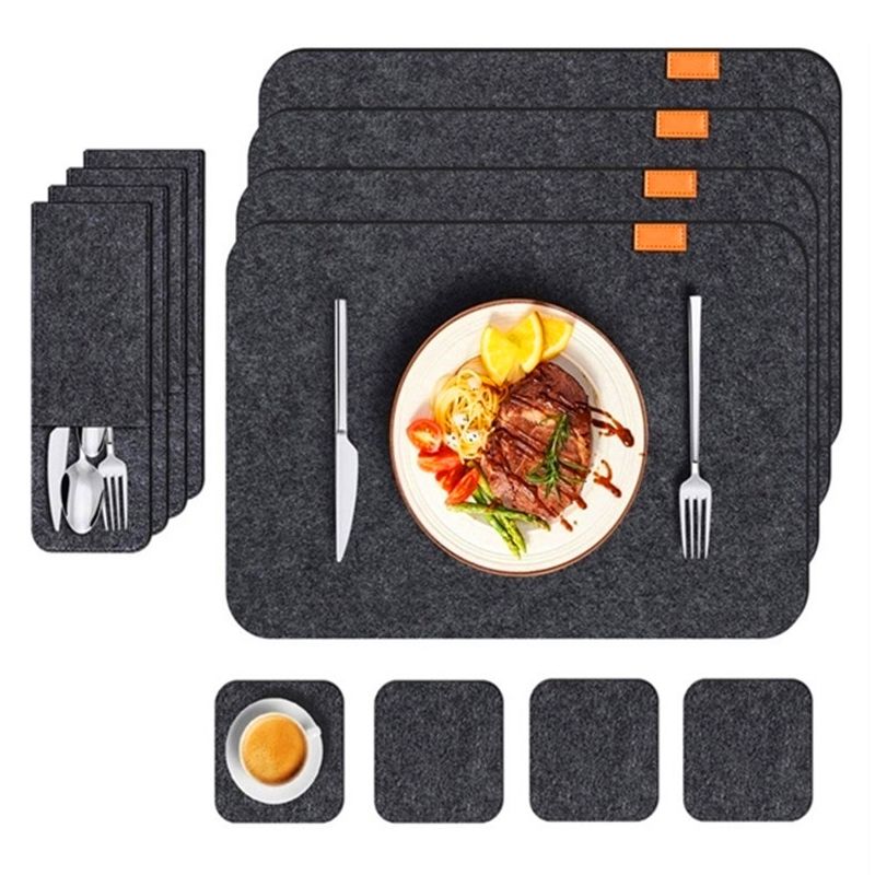 Placemat Cup Mat Set Felt Heat Insulation with Fork Bag Tableware Mat for Home Kitchen Dark Gray - Image 4