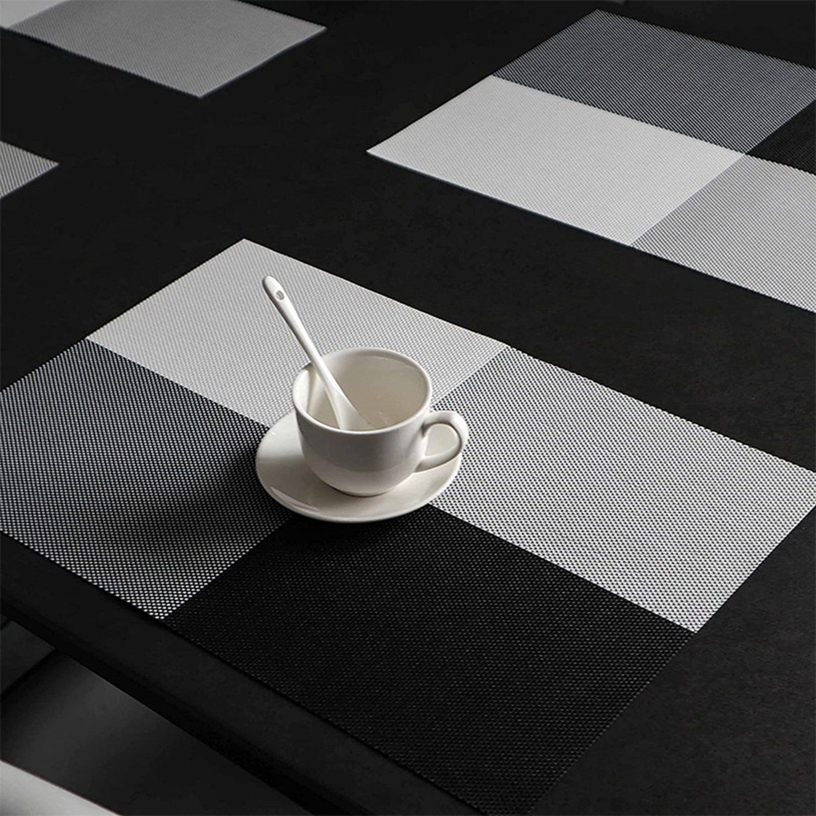 8pcs Placemats Easy Cleaning PVC Material Waterproof Black White Plaid Pattern Dining Placemats for Hotel - Image 8