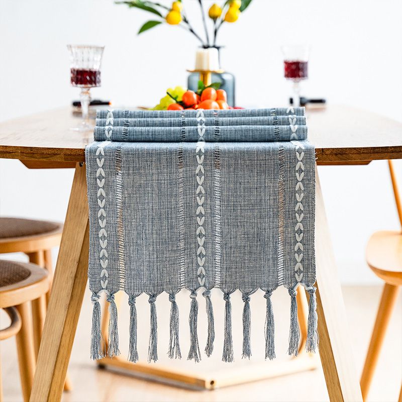 Retro Table Runner Elegant Hand Woven Cotton Linen Dining Table Runner with Tassels for Wedding Home Cross Blue - Image 1