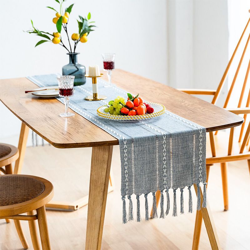 Retro Table Runner Elegant Hand Woven Cotton Linen Dining Table Runner with Tassels for Wedding Home Cross Blue - Image 2