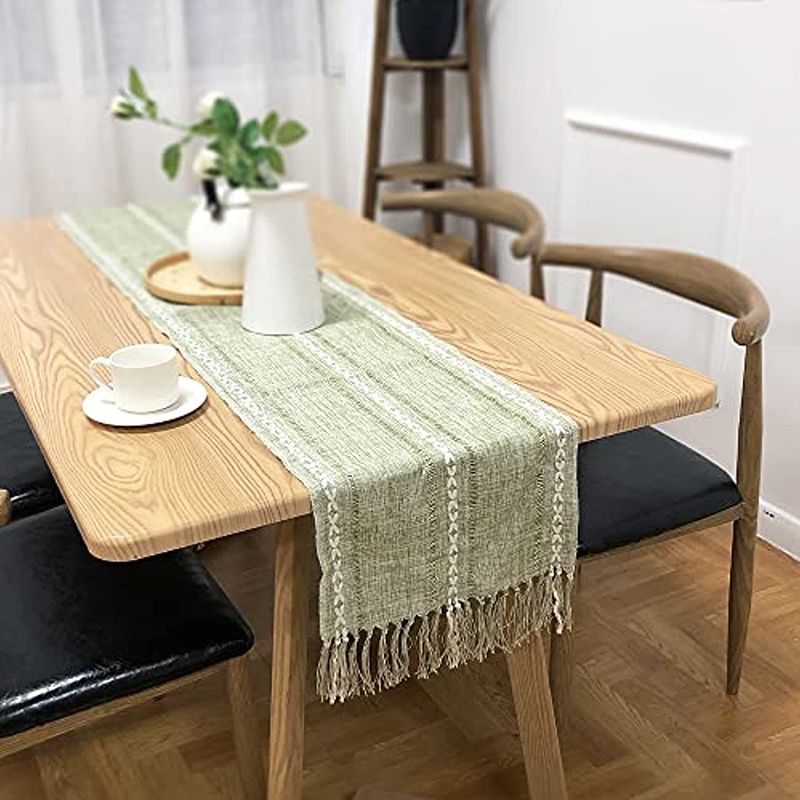 Retro Table Runner Elegant Hand Woven Cotton Linen Dining Table Runner with Tassels for Wedding Home Cross Green - Image 1